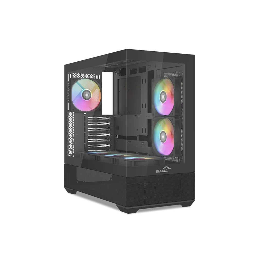 SAMA V40BK Black, B750BK 750W, 80+ Bronze, PCIE 5.1, ATX3.1, Tempered Glass Panel, Panoramic Tasarım, Type-C, 6x120mm ARGB Fan, ATX, GAMING KASA