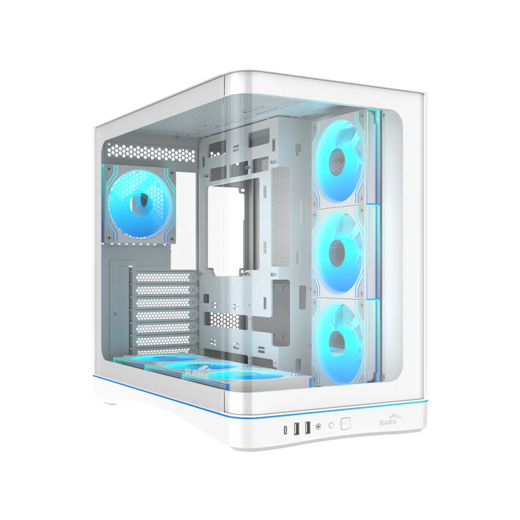 SAMA V62WH White, G1000WH 1000W, 80+ Gold, Full Modüler, PCIE 5.1, ATX3.1, Tempered Glass Panel, Panoramic Tasarım, Type-C, 7x120mm ARGB INFINITY Fan, ATX, GAMING KASA
