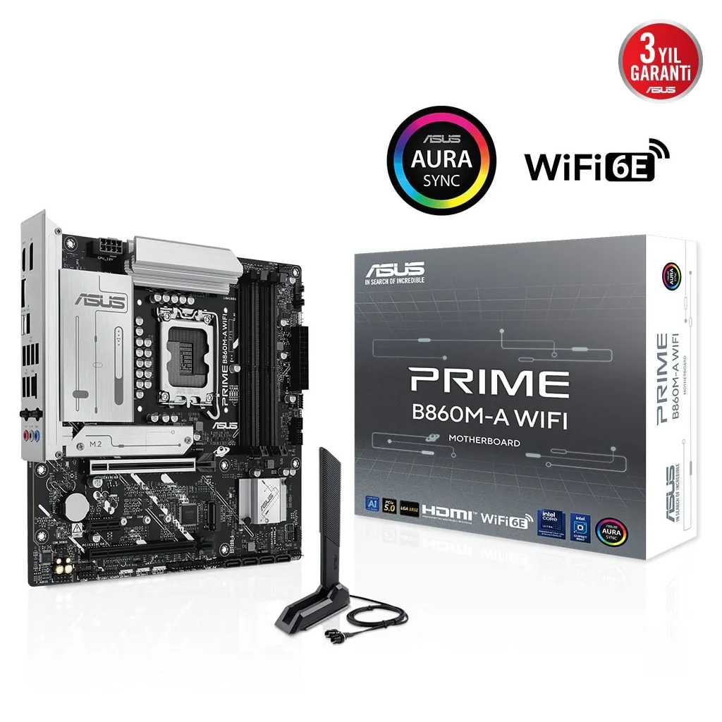 ASUS PRIME B860M-A WIFI, 4xDDR5 2x M.2, HDMI, 2xDP, Wİ-Fİ 6E, Bluetooth v5.3, Type-C, Intel Core Ultra CPU(Seri 2), LGA1