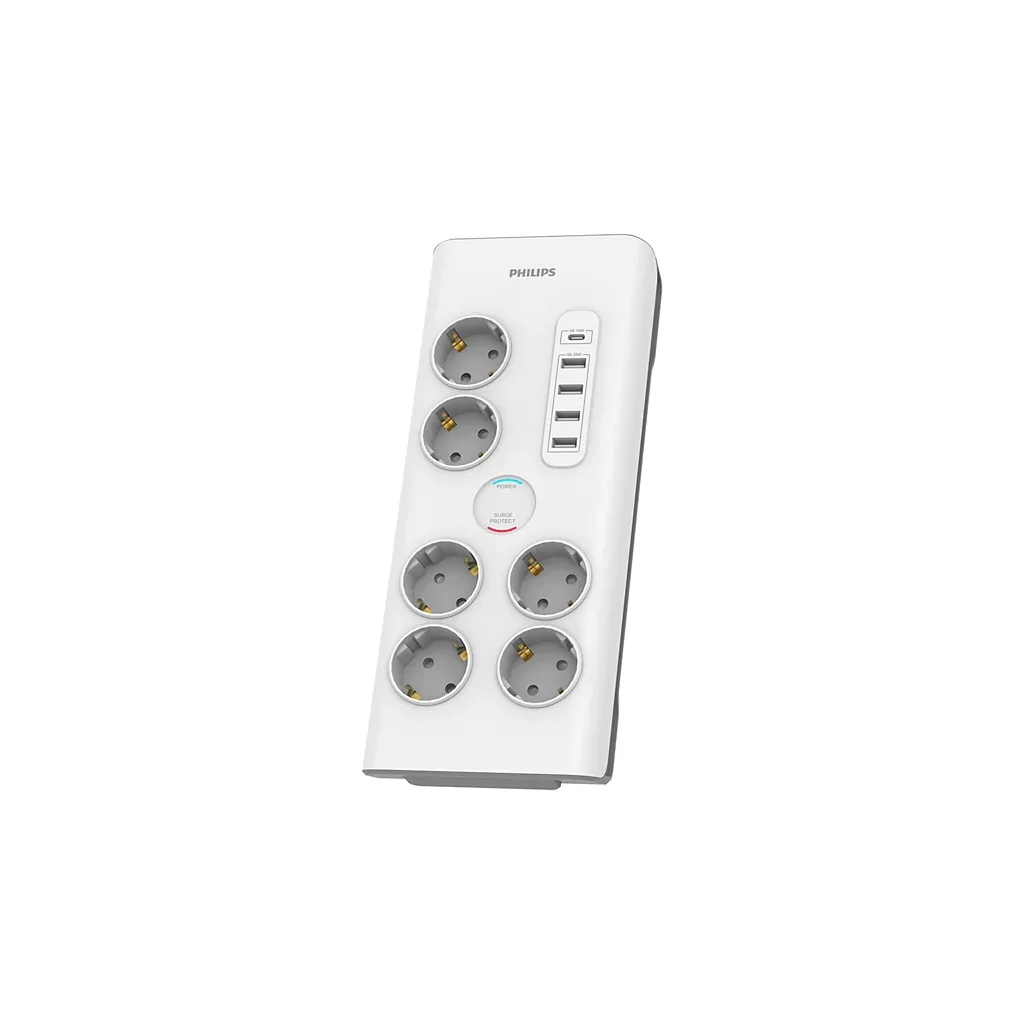 PHILIPS SPN7060WA/62, 6 Soket, Akım Korumalı Priz, 900 Joules, 2Mt Kablo, 1xUsb-C 15W Şarj, 4xUsb-A 20W, (Beyaz)