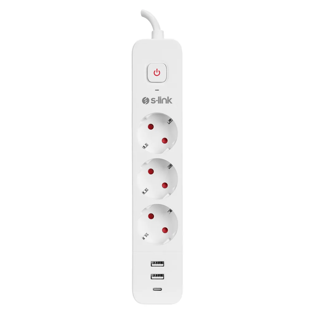 S-LINK SPG03TC, 3 Soket, Akım Korumalı Priz, 1x Type-C, 2xUSB 5V 4A, 1.5Mt %100 Bakır 1mm Kablo, 750 Joule (Beyaz)