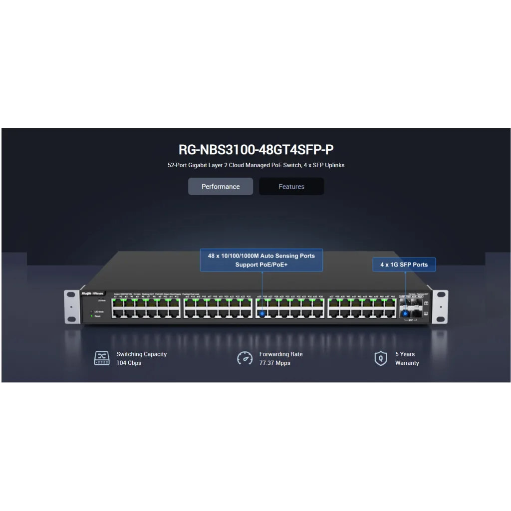 RUIJIE REYEE RG-NBS3100-48GT4SFP-P 48 Port GigaBit PoE, 370W, 4Port SFP, L2 Yönetilebilir Switch Metal Kasa