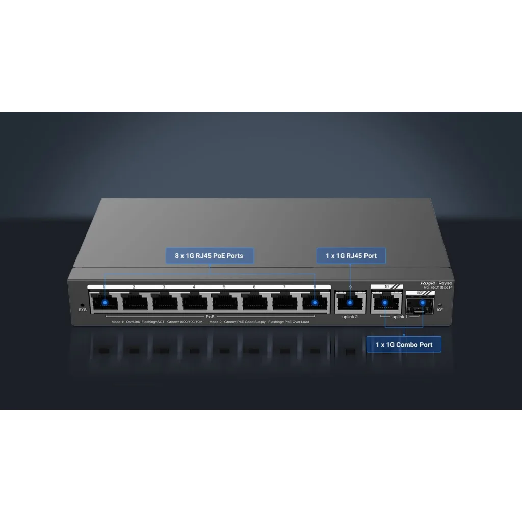 RUIJIE REYEE RG-ES210GS-P 10Port GigaBit ,8X PoE 120W, 1 Port Gİgabit Uplink, 1 Gİgabit Combo, Colud Yönetilebilir Switc