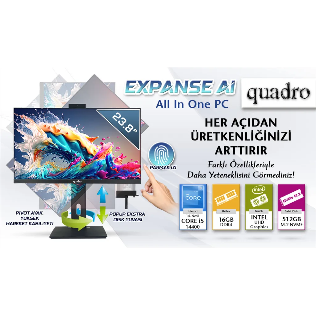 QUADRO EXPANSE AI B424 14165, i5-14400, 23,8" FHD Ekran, 16Gb Ram, 512Gb SSD, Pivot, Paylaşımlı VGA, Free Dos All In One PC