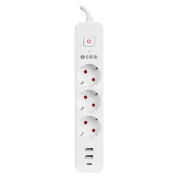 S-LINK SPG03TC, 3 Soket, Akım Korumalı Priz, 1x Type-C, 2xUSB 5V 4A, 1.5Mt %100 Bakır 1mm Kablo, 750 Joule (Beyaz)