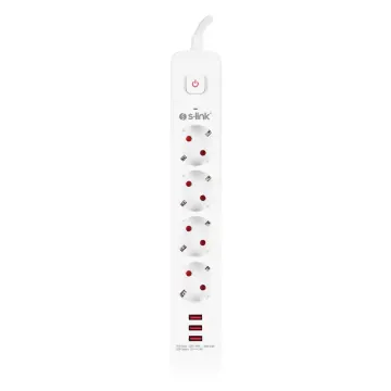 S-LINK SPG403U, 4 Soket, Akım Korumalı Priz, 3xUSB 5V 2.4A, 1.5Mt %100 Bakır 1.5mm Kablo, 750 Joule (Beyaz)