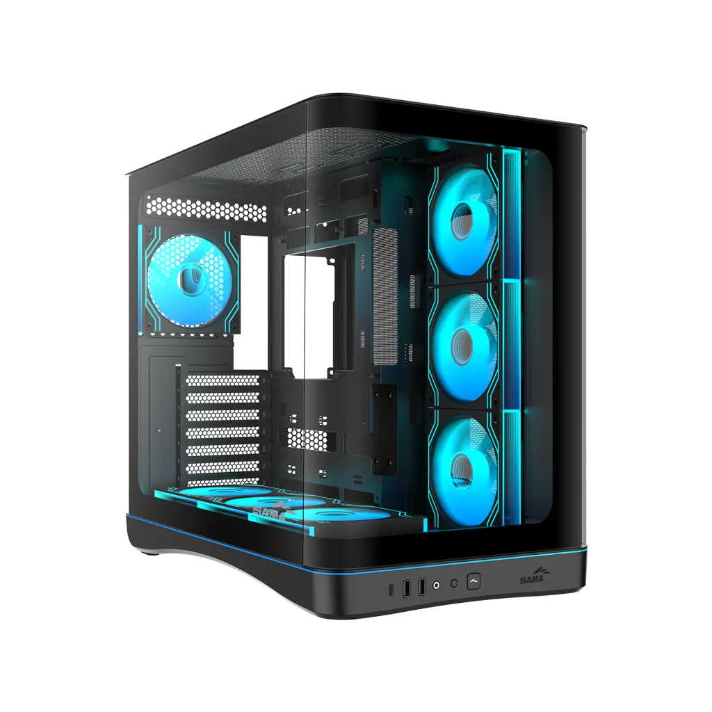 SAMA V62BK Black, B850BK 850W, 80+ Bronze, PCIE 5.1, ATX3.1, Tempered Glass Panel, Panoramic Tasarım, Type-C, 7x120mm AR