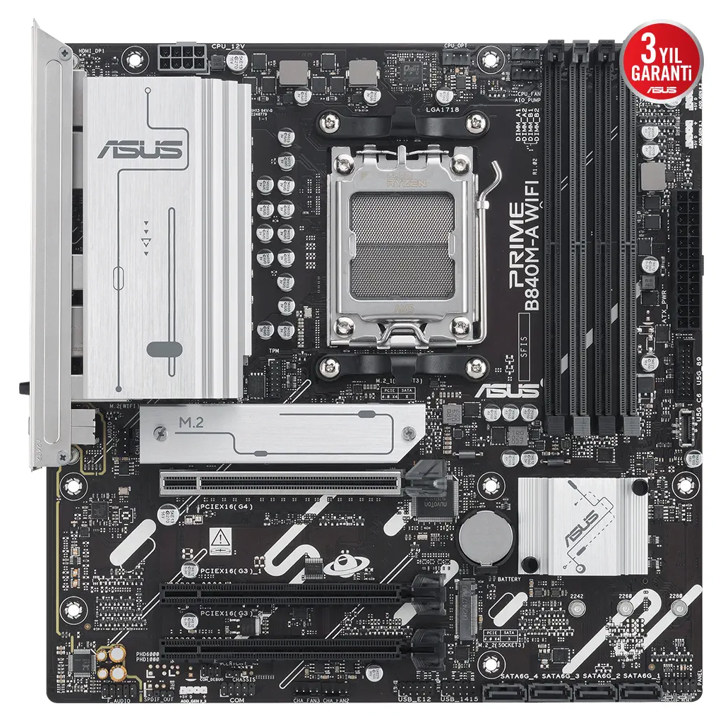 ASUS PRIME B840M-A WIFI, 4xDDR5, 3x M.2, HDMI, 2x DP, Type-C, WI-FI 6E, Bluetooth 5.3, AM5 Soket GAMING Anakart