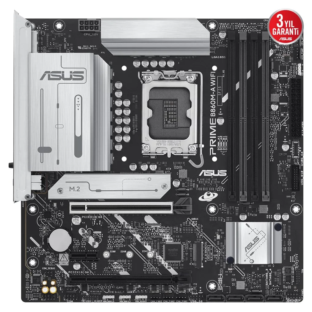 ASUS PRIME B860M-A WIFI, 4xDDR5 2x M.2, HDMI, 2xDP, Wİ-Fİ 6E, Bluetooth v5.3, Type-C, Intel Core Ultra CPU(Seri 2), LGA1