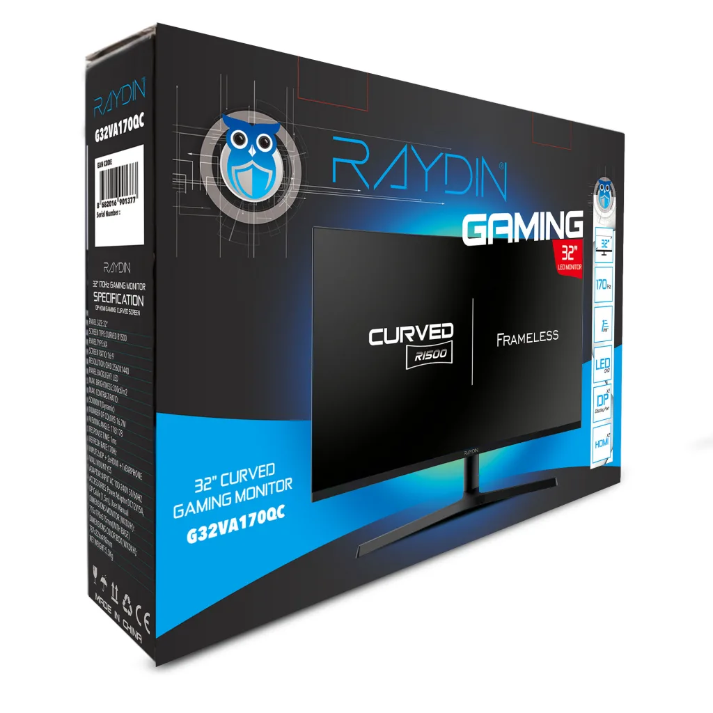 RAYDIN G32VA170QC, 32", 1ms, 170Hz, 2K Quad HD, HDMI, DP, USB, Hoparlör, VA LED, R1800 Curved, Frameless, Yükseklik Ayar