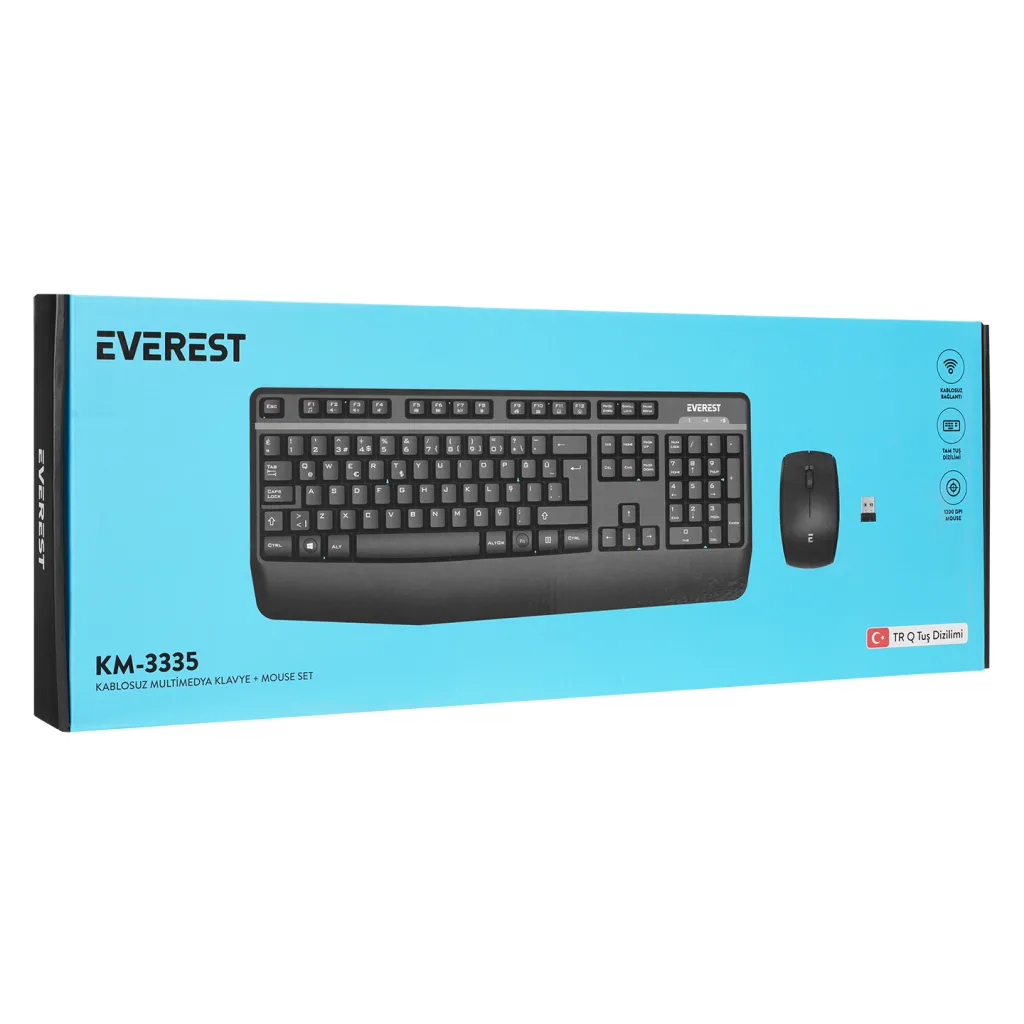 EVEREST KM-3335, Siyah, 2.4Ghz Kablosuz, Türkçe Q, Multimedya, Klavye Mouse Set