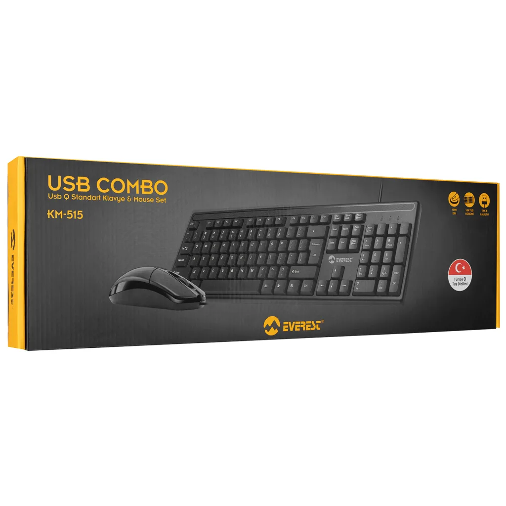 EVEREST KM-515, Siyah, Türkçe Q, USB Kablolu, Klavye Mouse Set