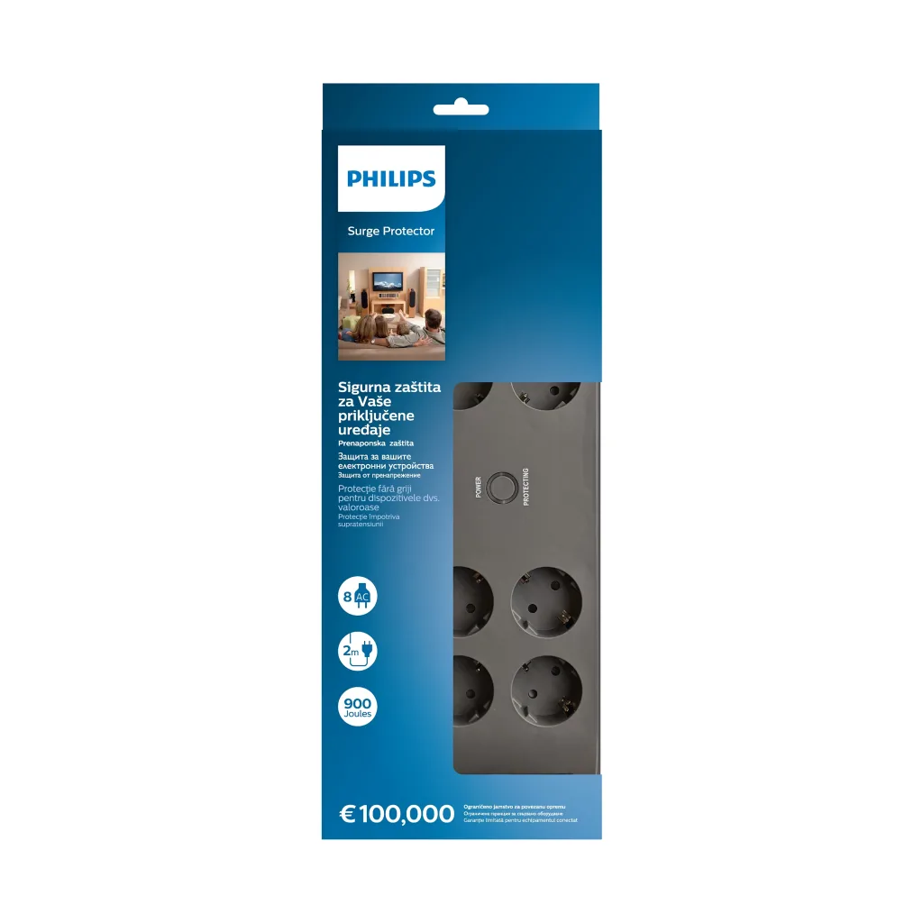 PHILIPS SPN3180A/62, 8 Soket, Akım Korumalı Priz, 900 Joules, 2Mt Kablo, (Gri)
