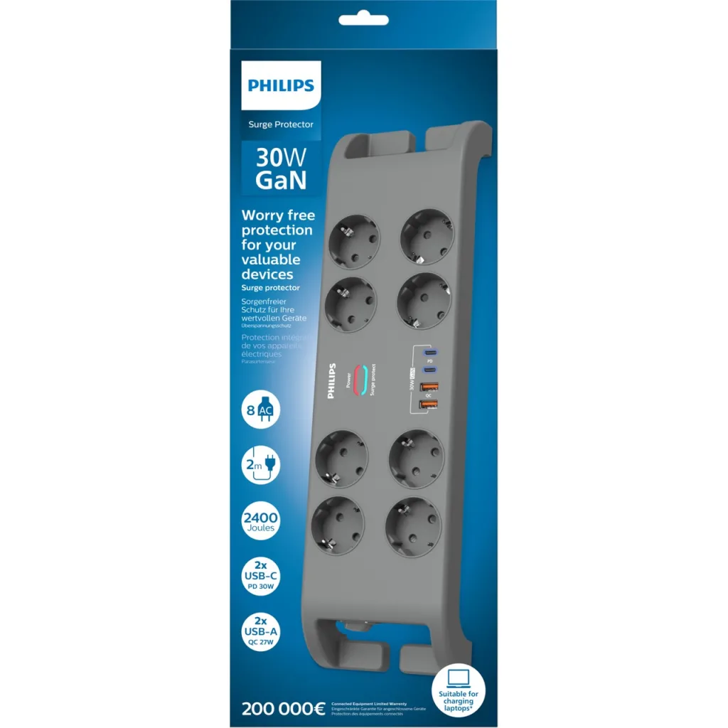 PHILIPS SPN8180GA/62, 8 Soket, Akım Korumalı Priz, 2400 Joules, 2Mt Kablo, 2xUsb-C PD 20W Hızlı Şarj, 2xUsb-A QC 18W, (G