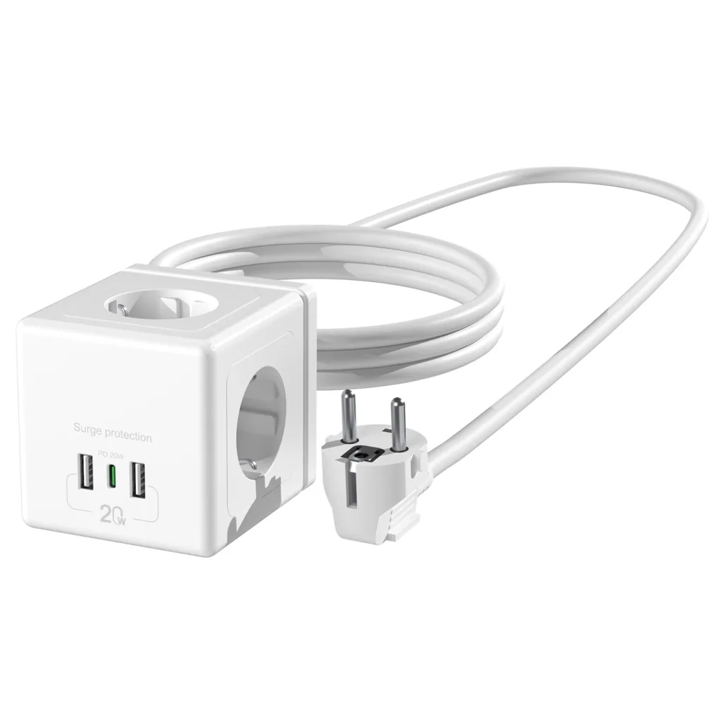 S-LINK PRZ04, 4 Soket, Akım Korumalı Priz, 1x Type-C, 2xUSB 5V, 2Mt Kablo, 306 Joule, Küp Tasarım (Beyaz)