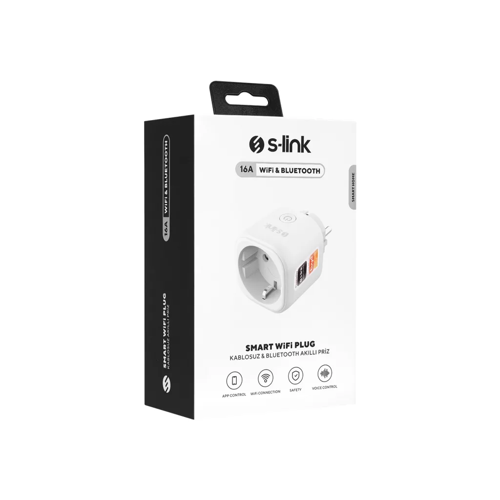 S-LINK SL-14, 1 Soket, Akım Korumalı Priz, 16A, WiFi 2.4Ghz, Bluetooth, TUYA Yazılım Destekli, internet üzerinden Yöneti