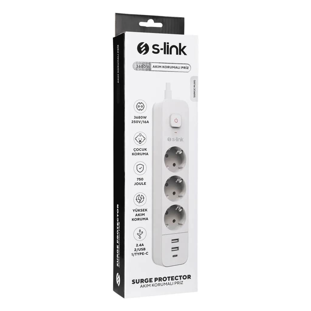 S-LINK SPG03TC, 3 Soket, Akım Korumalı Priz, 1x Type-C, 2xUSB 5V 4A, 1.5Mt %100 Bakır 1mm Kablo, 750 Joule (Beyaz)