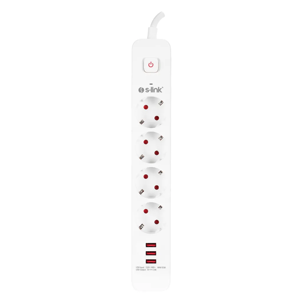 S-LINK SPG403U, 4 Soket, Akım Korumalı Priz, 3xUSB 5V 2.4A, 1.5Mt %100 Bakır 1.5mm Kablo, 750 Joule (Beyaz)