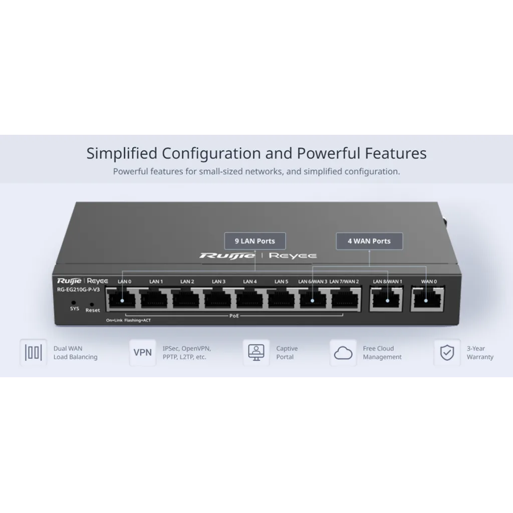 RUIJIE Reyee RG-EG210G-P-V3 10 Port Gigabit, Web Yönetilebilir, 4 WANs, 200 Kullanıcı