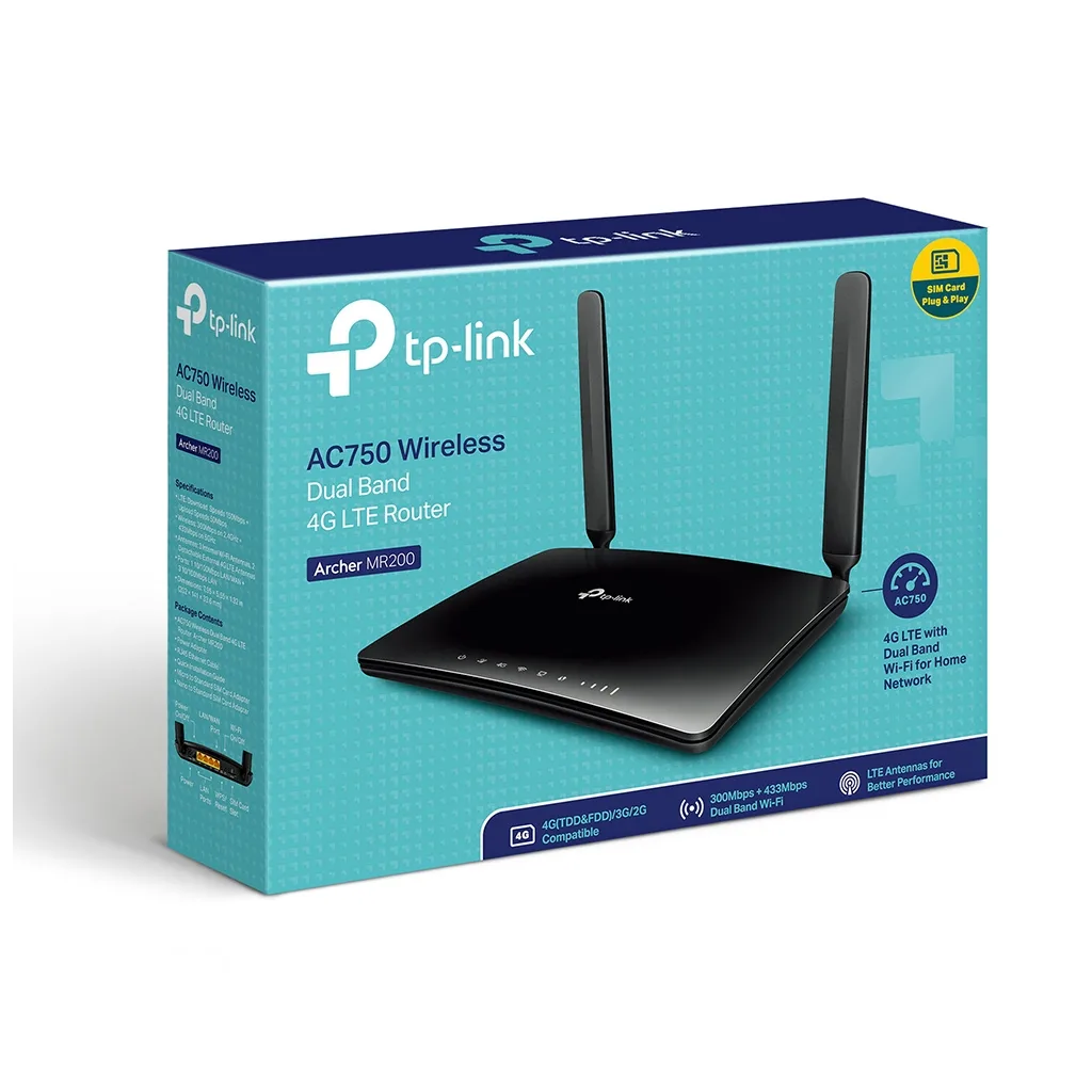 TP-LINK ARCHER MR200, AC750, 4Port, 750Mbps, Dual Band WiFi, Masaüstü, LTE Micro Sim Kart Takılabilir 3G-4G Destekli Rou