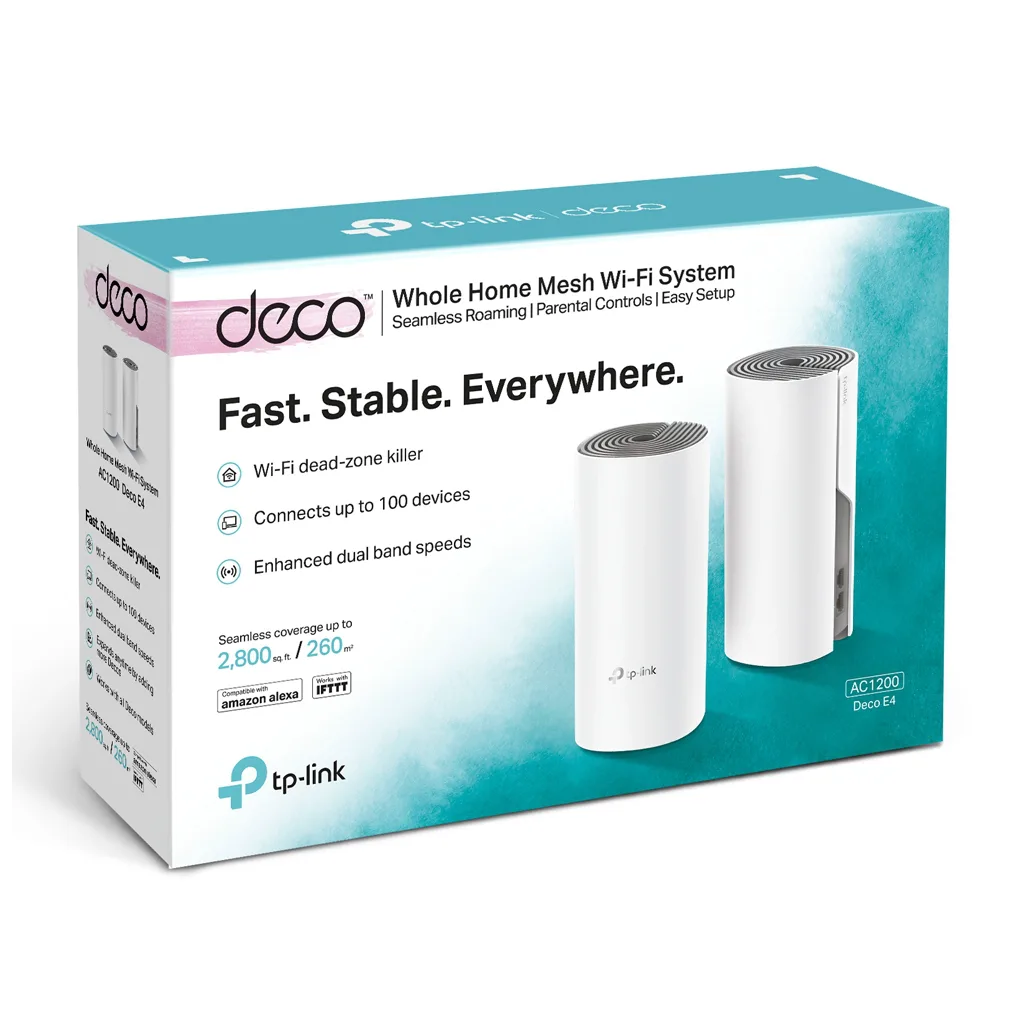 TP-LINK DECO-E4, AC1200, İkili Mesh, 1200Mbps, Dual Band, 2Port Megabit Lan, 260m2 Çekim Alanı, Router, Geniş Alan İnter