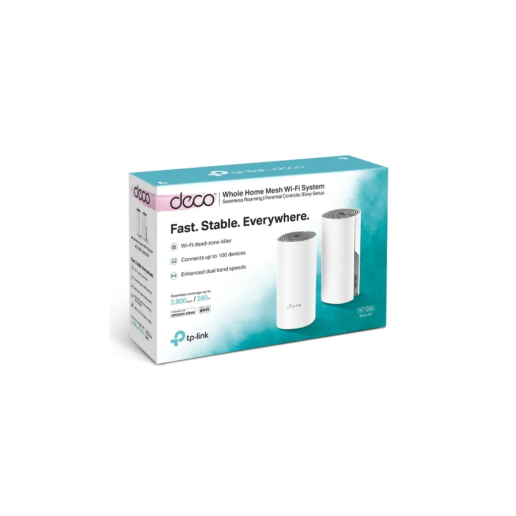 TP-LINK DECO-E4, AC1200, Üçlü Mesh, 1200Mbps, Dual Band, 2Port Megabit Lan, 370m2 Çekim Alanı, Router, Geniş Alan İntern