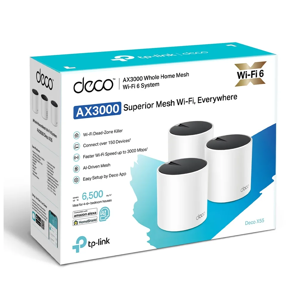 TP-LINK DECO-X55, AX3000, Tekli Mesh, 3000Mbps, Dual Band, WiFi6, 3Port Gigabit Lan, 230m2 Çekim Alanı, Router, Geniş Al
