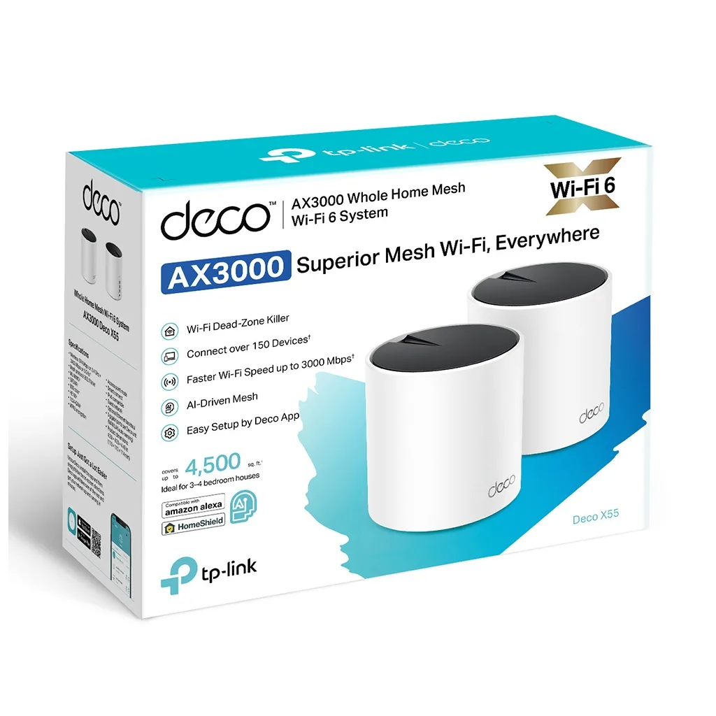 TP-LINK DECO-X55, AX3000, İkili Mesh, 3000Mbps Dual Band, WiFi6, 3Port Gigabit Lan, 420m2 Çekim Alanı, Router, Geniş Ala
