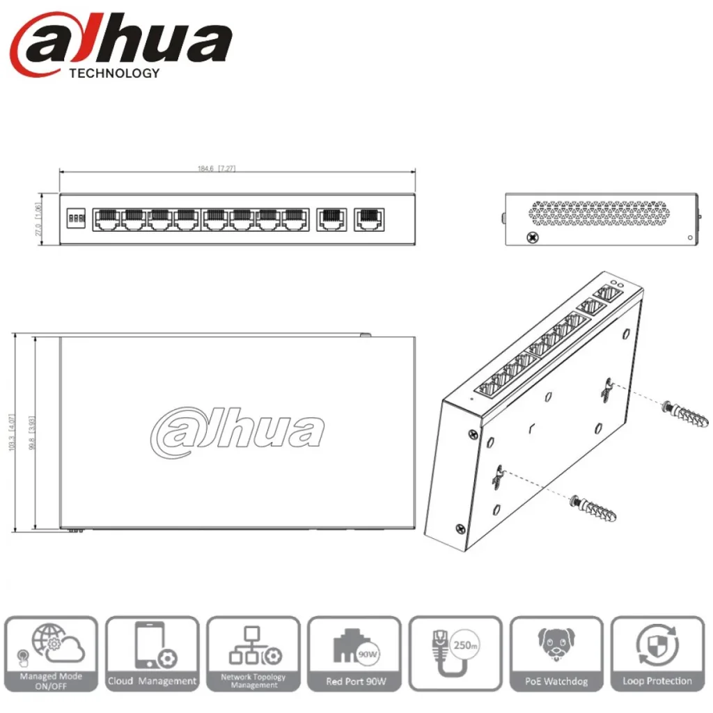 DAHUA CS4010-8ET2GT-110 8 Port, Megabit, PoE 110W, 2 Port Uplink, Cloud Yönetilebilir, Switch