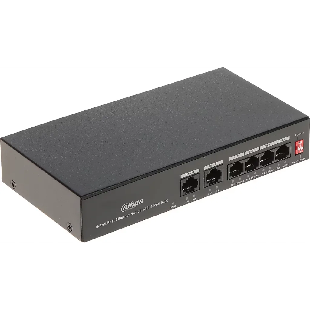 DAHUA PFS3006-4ET-36, 4 Port, Megabit, PoE 36W, 2 Port Uplink, Yönetilemez, Masaüstü Switch