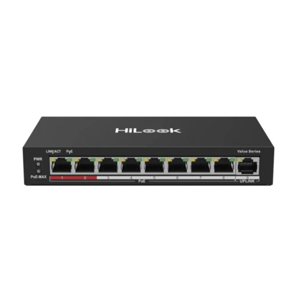 HILOOK NS-0109P-60(B), 8 Port, Megabit, PoE 60W, 1 Port Megabit Uplink, Long Range 250Metre, Yönetilemez, Masaüstü Switc