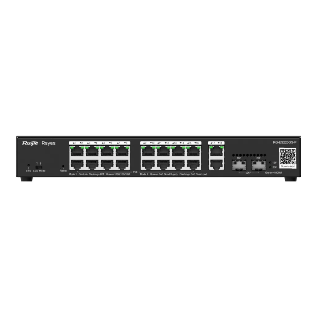 RUIJIE REYEE RG-ES220GS-P 20Port, 16 Port Gigabit PoE, 250W, 2 Port Gİgabit Uplink, 2 Port SFP, Colud Yönetilebilir Swit
