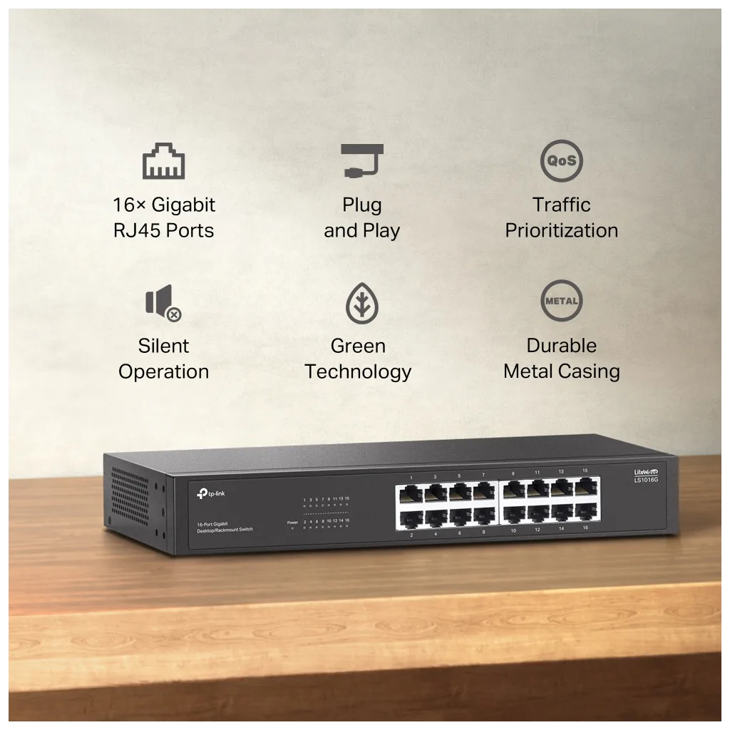 TP-LINK LS1016G, Green Tech, 16 Port GigaBit, Yönetilemez, Metal Kasa, Masaüstü Switch