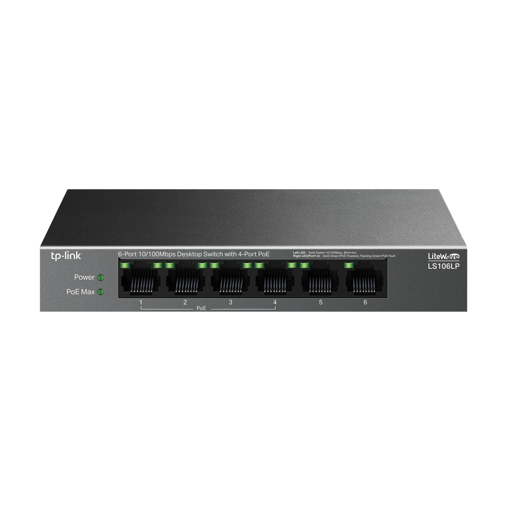 TP-LINK LS106LP, Green Tech, 6 Port, MegaBit, 4 Port PoE 41W, Metal Kasa, Yönetilemez, Masaüstü Switch