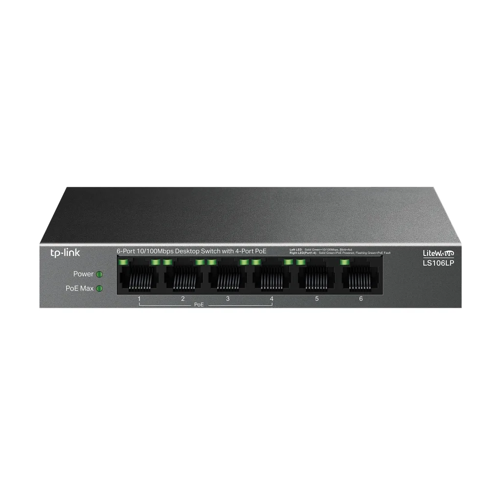 TP-LINK LS106LP, Green Tech, 6 Port, MegaBit, 4 Port PoE 41W, Metal Kasa, Yönetilemez, Masaüstü Switch