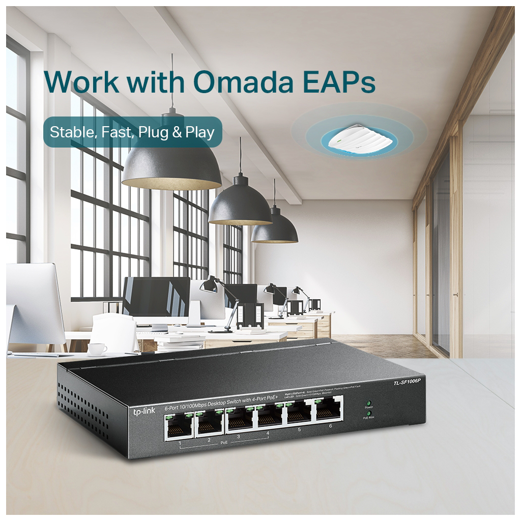 TP-LINK TL-SF1006P, 6 Port, MegaBit, 4 Port PoE 67W, Yönetilemez, Metal Kasalı Switch