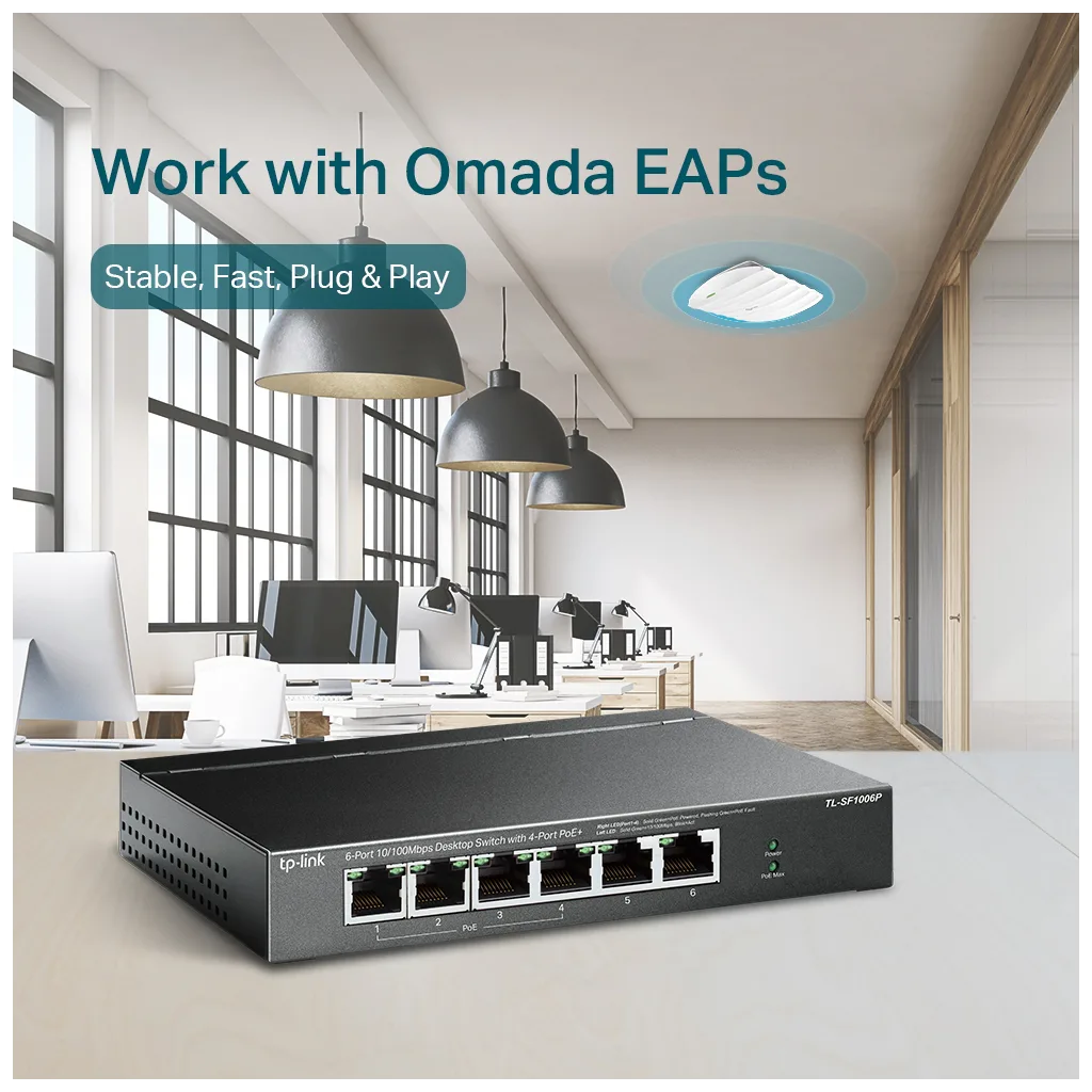 TP-LINK TL-SF1006P, 6 Port, MegaBit, 4 Port PoE 67W, Yönetilemez, Metal Kasalı Switch