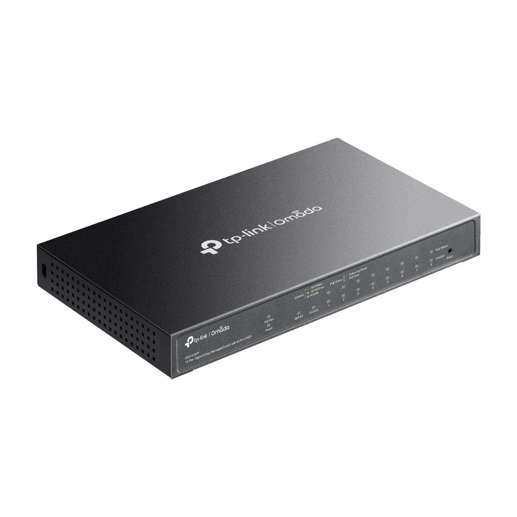 OMADA ES210GMP, 10 Port Gigabit, 8 Port PoE+, 1Port Gigabit Combo SFP, 123W, Yönetilebilir Metal Kasa Masaüstü/Vesa Swit