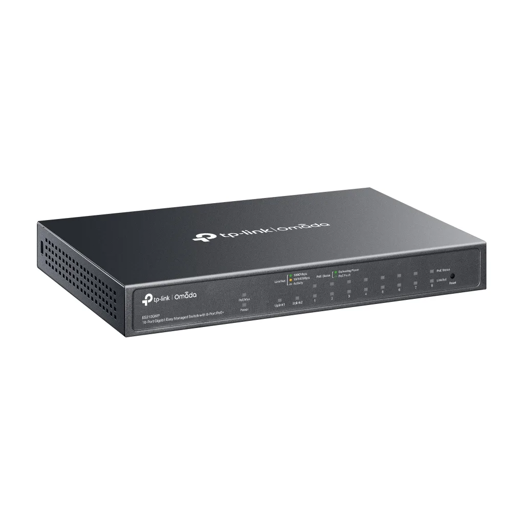 OMADA ES210GMP, 10 Port Gigabit, 8 Port PoE+, 1Port Gigabit Combo SFP, 123W, Yönetilebilir Metal Kasa Masaüstü/Vesa Swit