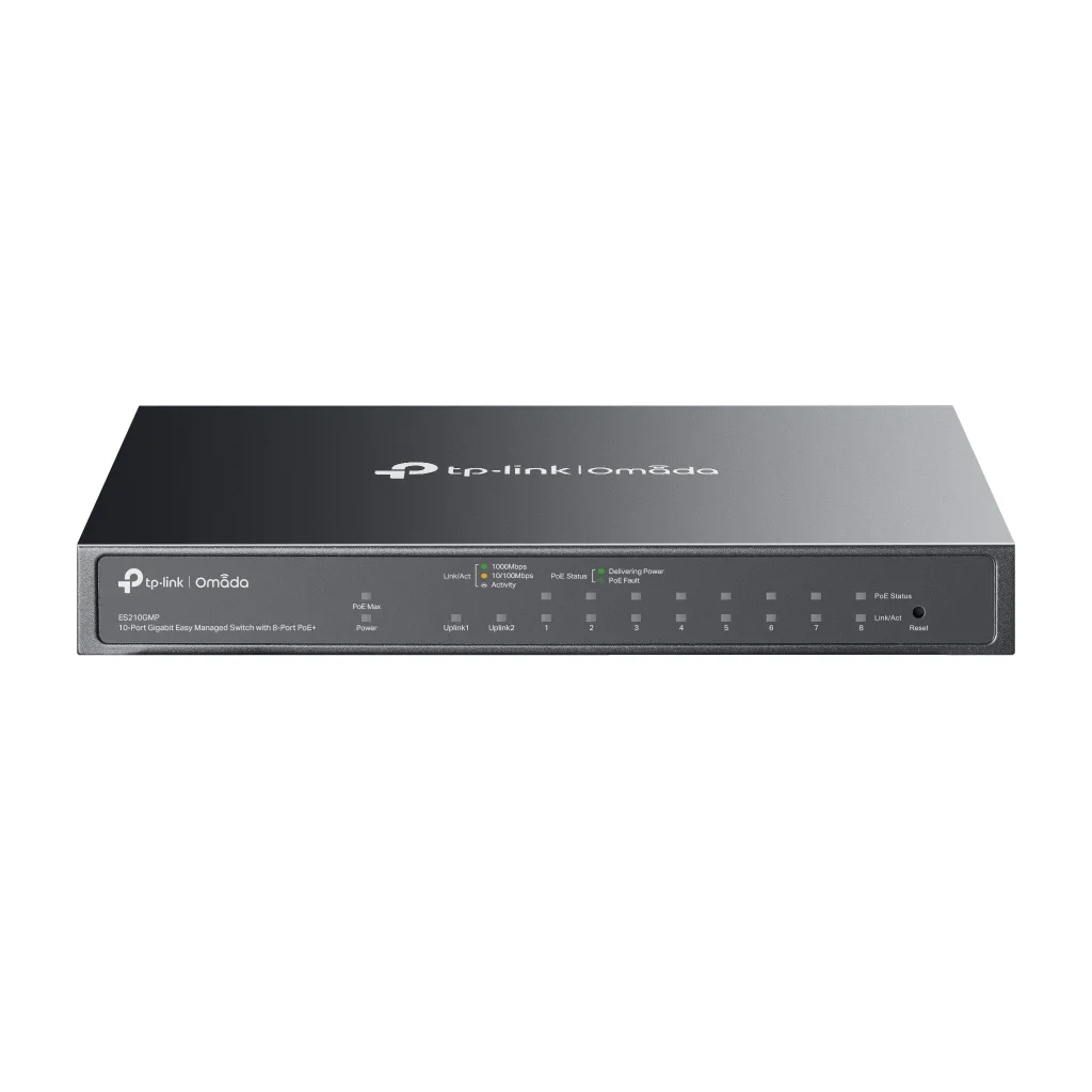 OMADA ES210GMP, 10 Port Gigabit, 8 Port PoE+, 1Port Gigabit Combo SFP, 123W, Yönetilebilir Metal Kasa Masaüstü/Vesa Swit