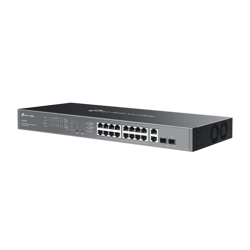 Omada ES220GMP, 16 Port Gigabit, 16 Port PoE+, 2 Port Gigabit SFP, 250W, Yönetilebilir, Rackmount Switch