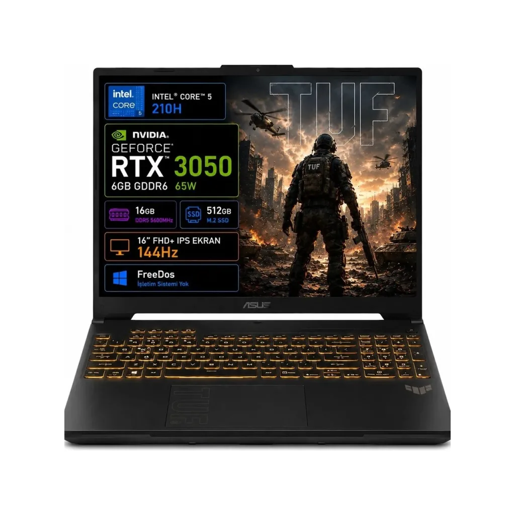ASUS Tuf Gaming F16, FX607VJB-RL037, Core 5-210H, 16" FHD, 144Hz IPS, 16Gb Ram, 512Gb SSD, 6GB RTX3050 Ekran Kartı, Free