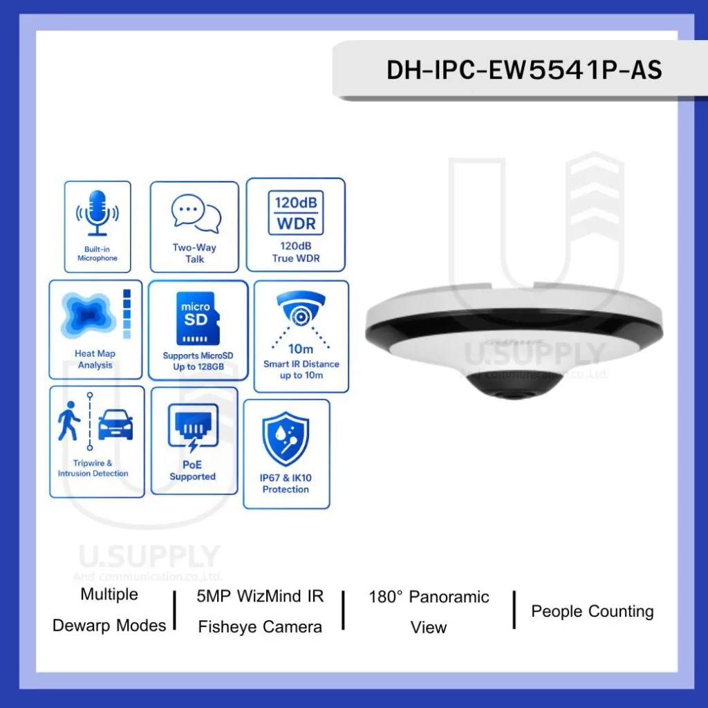 DAHUA IPC-EW5541P-AS 5Mpix, 1,4mm Lens,H265+, IK10, IP67, Dahili Mikrofon, Sd Kart, Metal Kasa, Fisheye IP Kamera