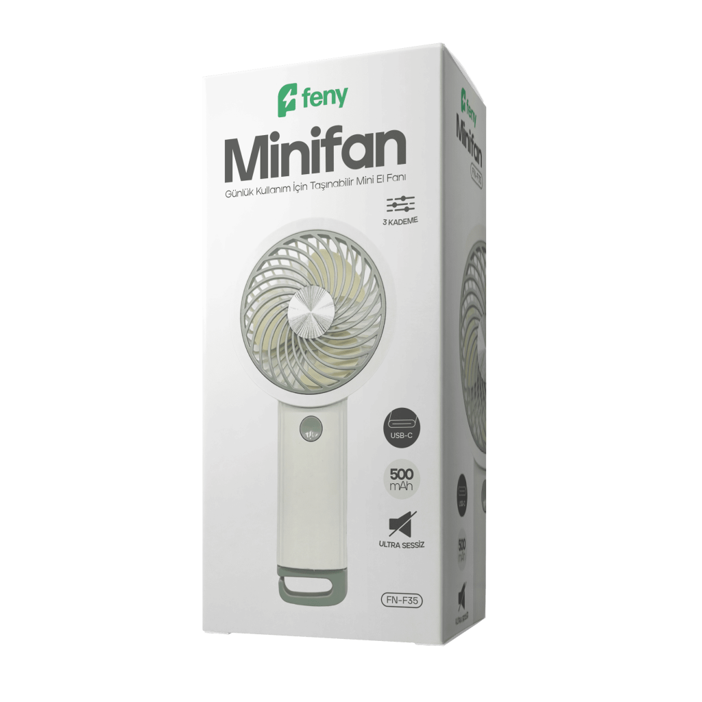 FENY FN-F35, BEYAZ-GRİ, 3 Kademeli Hız, Kancalı, Elde Kullanım, Dahili 500mAh Bataryalı, Type-C Şarj Girişli, Vantilatör