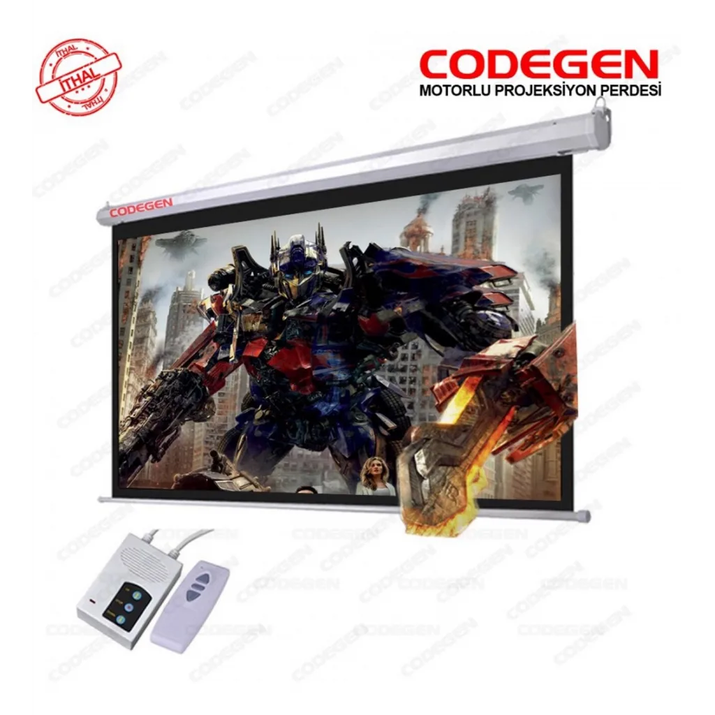 Codegen EX-24 MOTORLU PROJEKSİYON PERDESİ 240x200 Elektrikli Uzaktan Kumandalı (Arkası Siyah Fonlu - Duvar/Tavan Asılabi