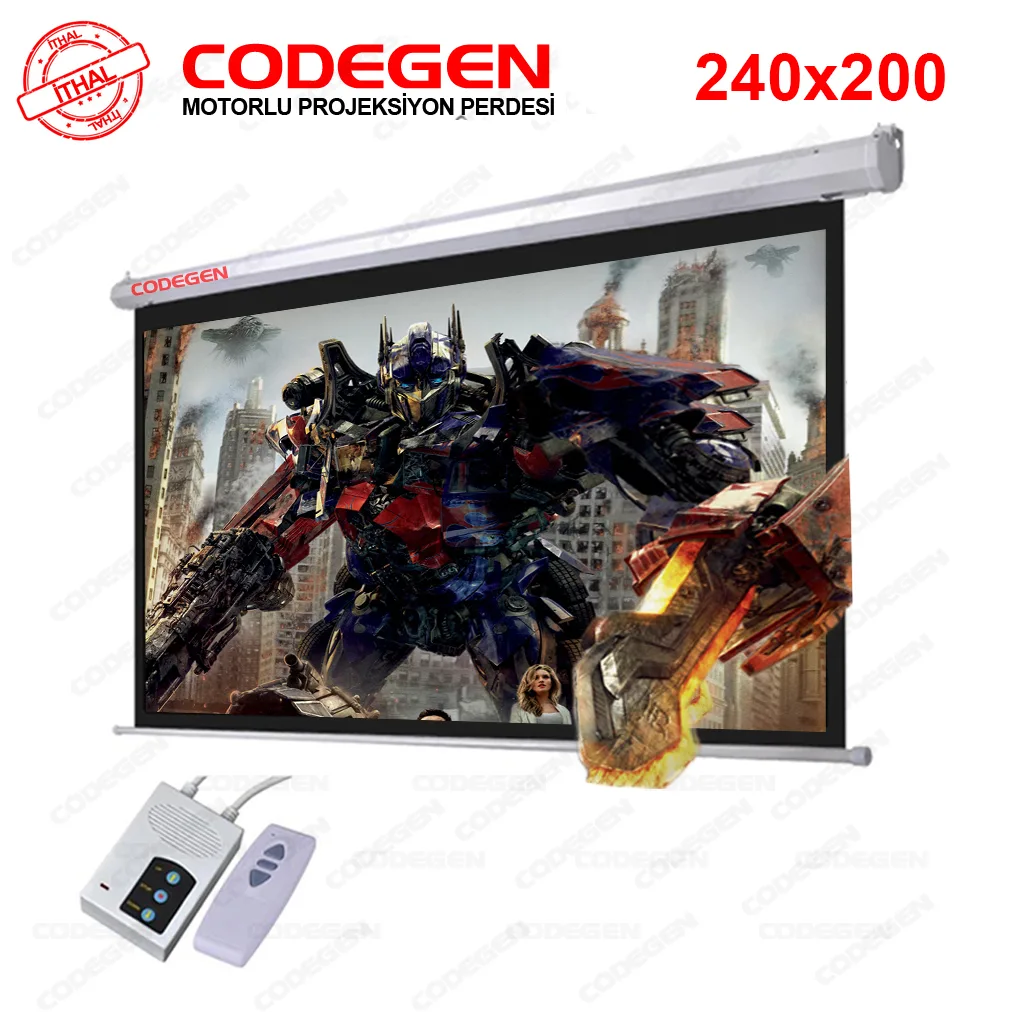 Codegen EX-24 MOTORLU PROJEKSİYON PERDESİ 240x200 Elektrikli Uzaktan Kumandalı (Arkası Siyah Fonlu - Duvar/Tavan Asılabi