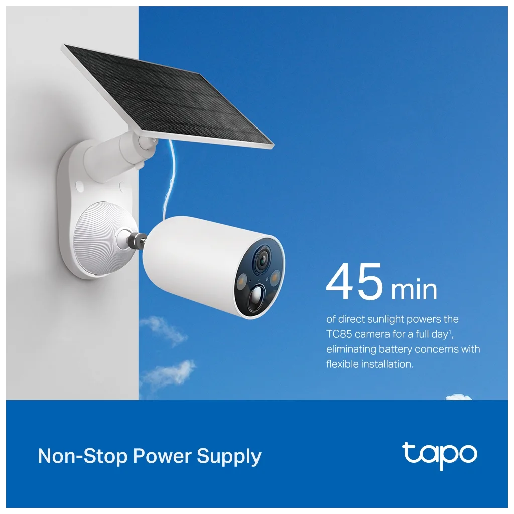 TP-LINK Tapo TC85 KIT (C425 KIT), 2K QHD, 4,0Mpix, Dış Mekan, IP66, WiFi, 15Mt. Renkli Gece Görüşü, İki Yönlü Ses, Yapay Zeka Destekli, Güneş Enerjili Güvenlik Kamerası Kiti