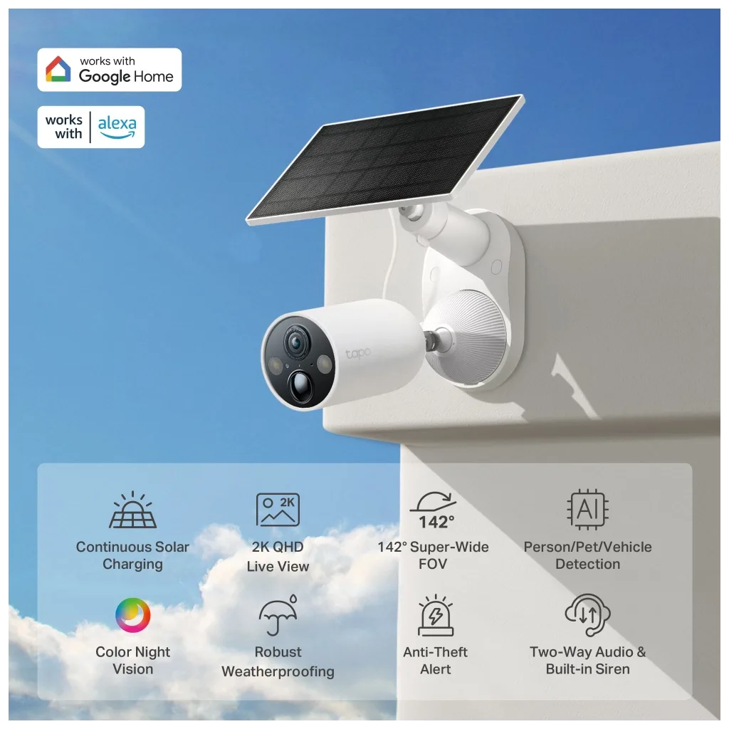 TP-LINK Tapo TC85 KIT (C425 KIT), 2K QHD, 4,0Mpix, Dış Mekan, IP66, WiFi, 15Mt. Renkli Gece Görüşü, İki Yönlü Ses, Yapay Zeka Destekli, Güneş Enerjili Güvenlik Kamerası Kiti